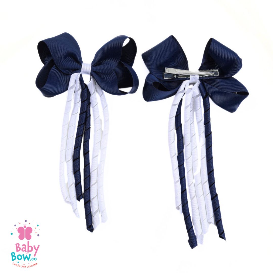 Navy Blue and White Long Ribbon Hair Clip
