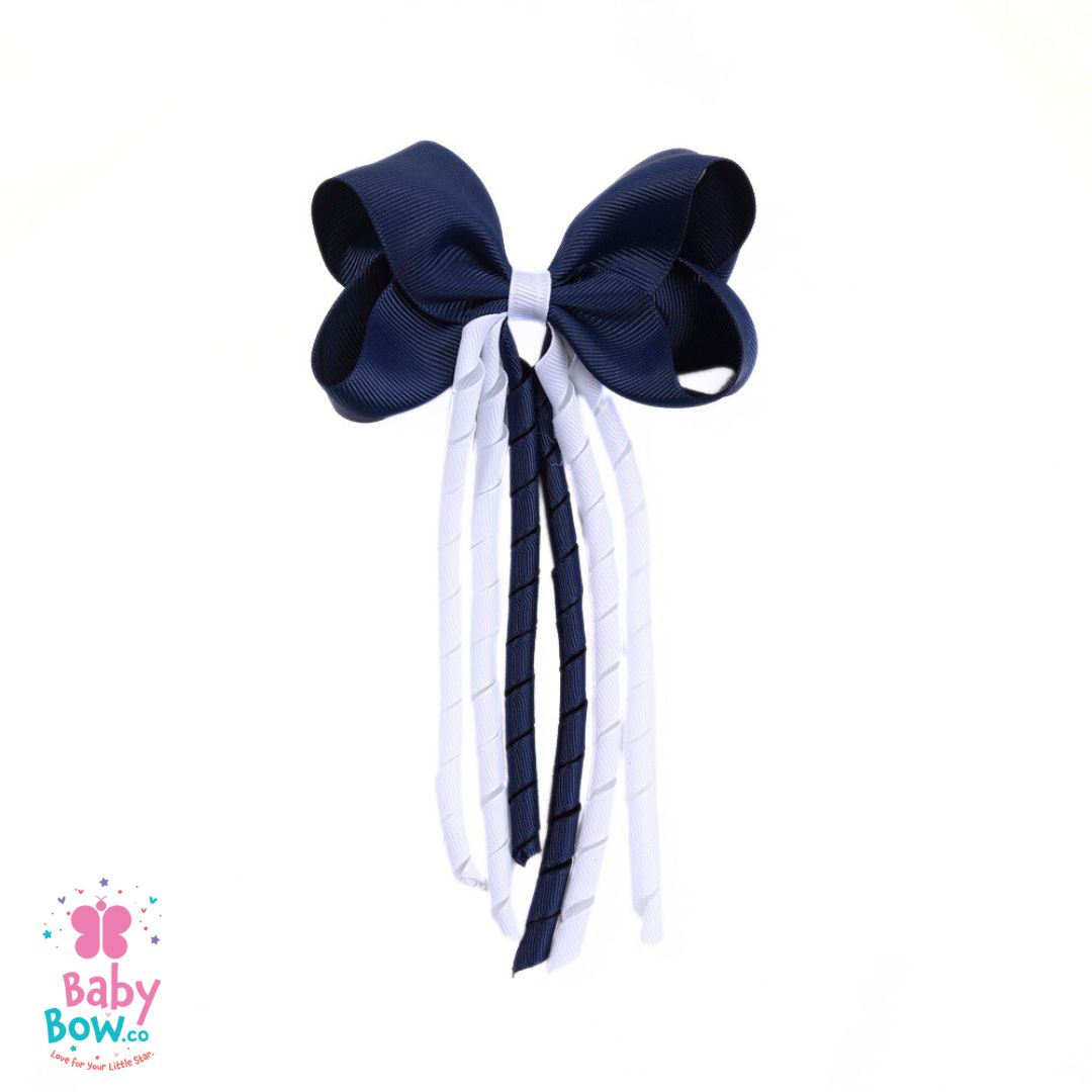 Navy Blue and White Long Ribbon Hair Clip