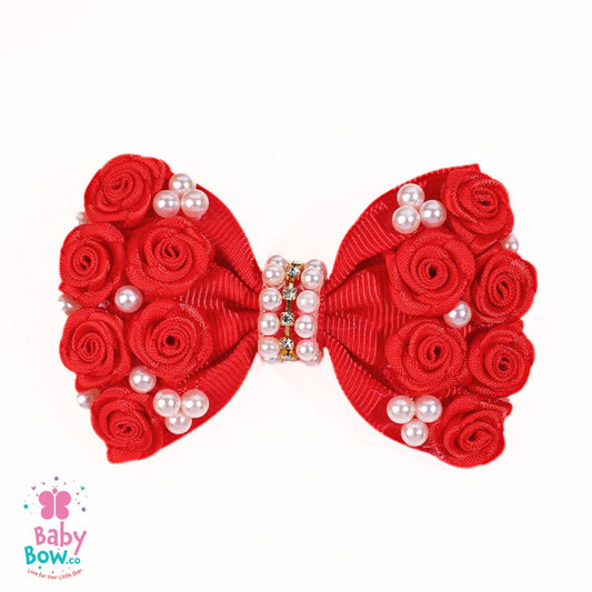 Rose Flower Pearl Hair Clip - Red