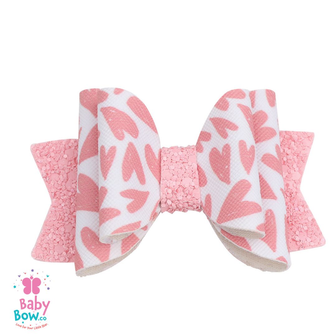 Glitter Leather Bow Hair Clip – Pink Heart